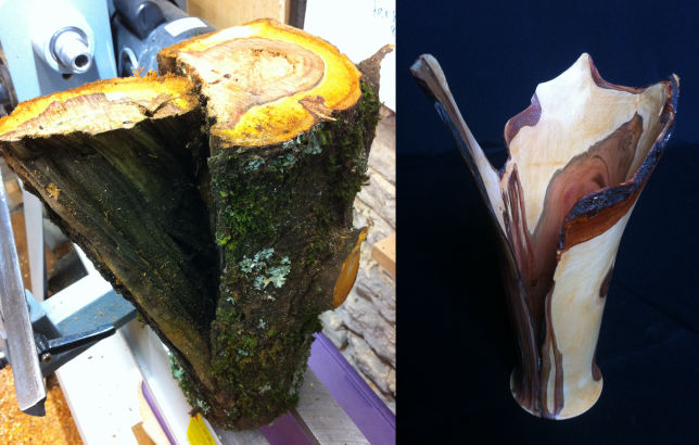 Pièce de bois de prunier avant et après tournage
